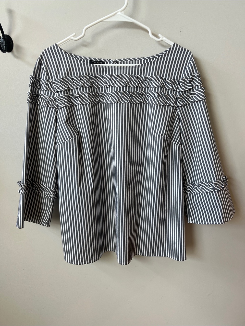 Talbots Black and White Striped Ruffle Yoke Blouse